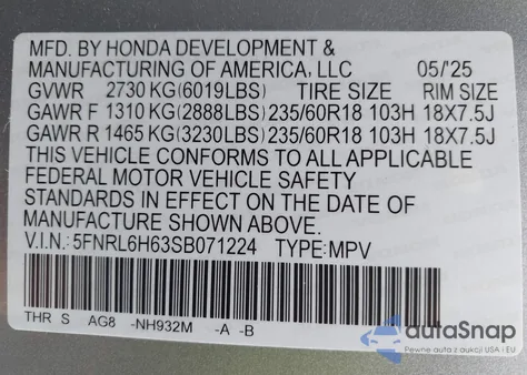 2025 Honda Odyssey Ex-L from USA, damaged, VIN 5FNRL6H63SB071224